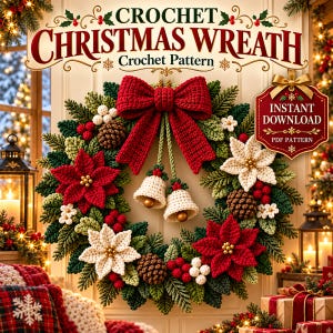 May include: A crochet Christmas wreath pattern featuring a large red bow, two cream-coloured bells, red and white poinsettia flowers, brown pinecones, and red berries. The text reads CROCHET CHRISTMAS WREATH Crochet Pattern and INSTANT DOWNLOAD PDF PATTERN.
