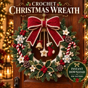 Christmas Door Wreath Crochet Pattern PDF, Red Bow, Candy Cane, Mini Stocking, Bell, Snowflakes, Christmas Door Crochet Pattern