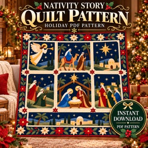 May include: A Nativity story quilt pattern featuring six illustrated panels depicting biblical scenes, including an angel, a camel, a stable, and the three wise men, all framed by a border of red poinsettias and white stars on a dark blue background.
