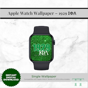 May include: Black Apple Watch displaying a green glitter wallpaper with the text "1929 ΙΦΛ". The watch is set against a white marble background. The image also includes the text "Apple Watch Wallpaper - 1929 ΙΦΛ" and "Instant Digital Download".