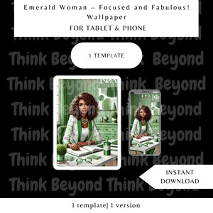 Pode incluir: Papel de parede digital para tablet e telefone com uma mulher em um blazer verde e branco. A imagem inclui o texto "Emerald Woman - Focused and Fabulous! Wallpaper FOR TABLET & PHONE" e "INSTANT DOWNLOAD".