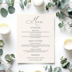 Moderne bruiloftsmenukaart, bewerkbaar afdrukbaar voor ceremonie of receptie, aangepaste ontwerpsjabloon [PAI]