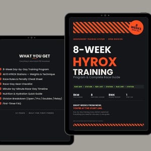 May include: Two digital tablets displaying an 8-week Hyrox training program. The screens feature black backgrounds with orange and white text, including details like 8-week day-by-day training, race rules, gear checklists, and nutrition guides.