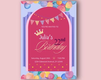 Fancy Nancy-verjaardagsuitnodiging | Canvasjabloon voor roze feestuitnodiging (digitale download)