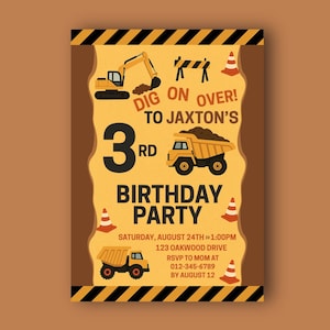 Construction Theme Birthday Invitation Editable Canva Template | Dump Truck & Digger Party Birthday Invite | Printable Instant Download
