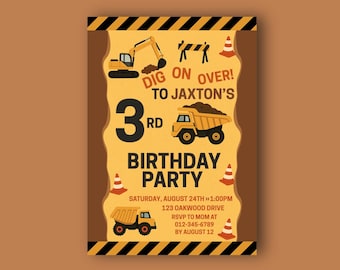 Op de afbeelding: Een uitnodiging voor een verjaardagsfeestje met een bouwthema. De uitnodiging heeft een gele achtergrond met bouwmachines, verkeerskegels en de tekst "Dig on Over! To Jaxton's 3rd Birthday Party."