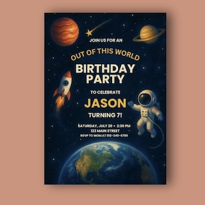 Outer Space Birthday Invitation Editable Canva Template|Rocket Ship Astronaut Space Party Invite|Instant Download|Planets Galaxy Space Theme