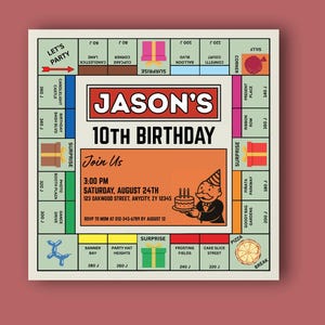 May include: A birthday party invitation designed like a board game, featuring the text "JASON'S 10TH BIRTHDAY." The invitation includes the date, time, and location. A cartoon character holds a cake with candles.