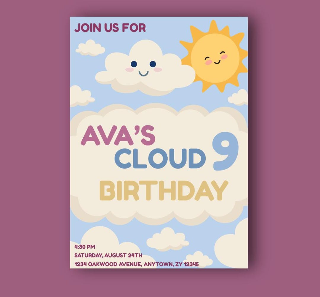 Cloud 9 Birthday Invitation | Editable Canva Template | 9th Birthday ...