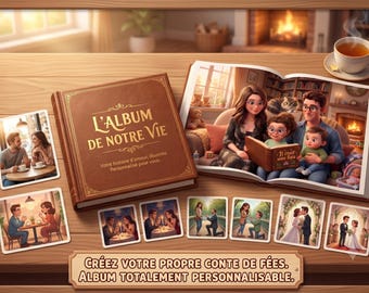 May include: A brown hardcover photo album titled L'Album de Notre Vie with gold lettering, displayed alongside an open book showing a family illustration, several small square photographs of couples, and a sign reading Créez votre propre conte de fées.