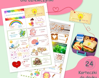 May include: A set of 24 printable lunchbox notes featuring colorful illustrations of rainbows, animals, and motivational text in Polish. The cards are displayed on two white sheets, with one note placed inside a purple plastic lunchbox.