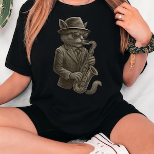 Cool Jazz Cat T-shirt – T-shirt saxofoonmuziekliefhebber – Vintage Jazz Cat grafisch shirt voor muzikanten, saxofonist en kattenliefhebbers