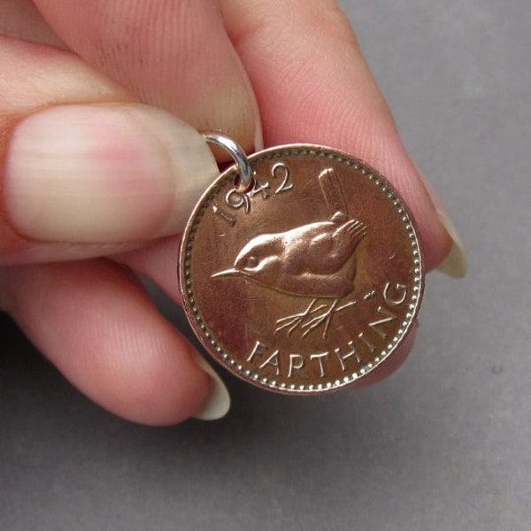 Vintage Farthing Coin Pendant, Jenny Wren Bird Lucky Penny, Interchangeable Necklace Pendant, England Jewelry with Sterling Silver Jump Ring