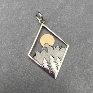Large Sterling Silver Moon, Trees Mountains Necklace Charm, Necklace Pendant, Hiking Jewelry, Forrest Charm, DIY Jewelry Supplies