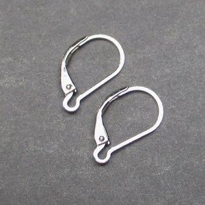 May include: Two silver-colored leverback earring findings. The findings are made of metal and have a curved, looped design with a hinged lever closure. The background is a solid, dark gray color.