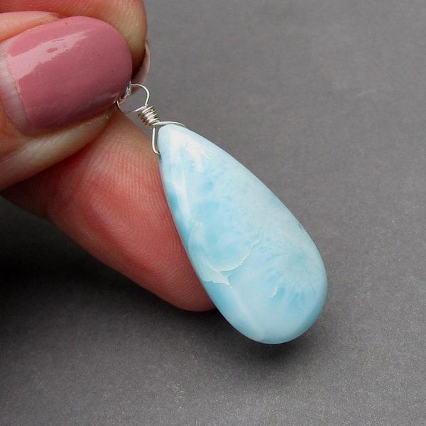 Sterling Silver Wire Wrapped Larimar Necklace Pendant, Larimar Gemstone Water Element Jewelry, Stone 11