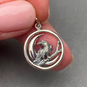 Raven and Moon Sterling Silver Necklace Charm, Halloween Necklace Pendant, Prophecy Charm, Bird Jewelry