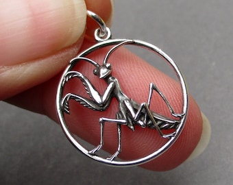 Puede incluir: Un colgante circular de plata con un diseño recortado detallado de una mantis religiosa. El insecto se muestra de perfil con las patas delanteras plegadas y las antenas visibles. El colgante incluye una pequeña anilla de plata en la parte superior.