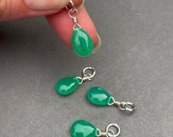 Emerald Green Chalcedony Necklace Gemstone Charm, May Birthstone Charm, Sterling Silver Wire Wrapped Necklace Pendant