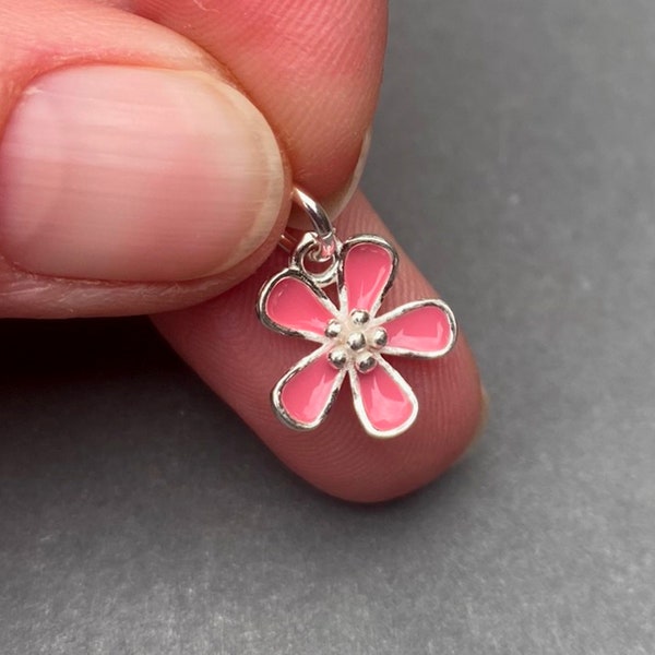 Sterling Silver Pink Enamel Flower Necklace Charm, Necklace Pendant, DIY Jewelry Making Supplies, Flower Jewelry Add a Dangle, Earring Charm