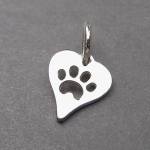Sterling Silver Paw Print Necklace Charm, Dog Cat Foot Print Paw Bracelet Charm, Silver Heart Necklace Charm, Gift for Cat Dog Lover