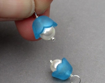 Blue Flower and White Crystal Pearl Earring Charms, Charms for Necklace Bracelet, Bead Dangles, DIY Jewelry Making Supply, Gift for Her