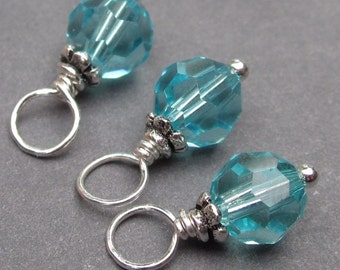 Light Turquoise Blue Crystal Birthstone Charm, Bead Dangle, Stitch Markers, Necklace Charms, Earring Charms, Sterling Silver Charm