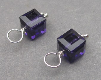 Purple Velvet February Birthstone Charm, Sterling Silver 6mm Cube Crystal Necklace Charm, Bracelet Charms, Earring Charms, Crystal Charms