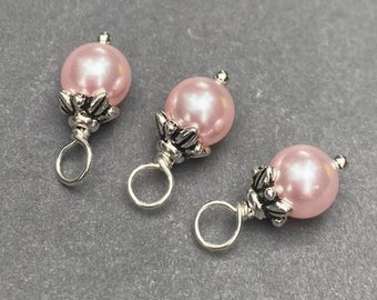 Pink Pearl Necklace Charms, Stitch Markers, Bead Dangle Drops