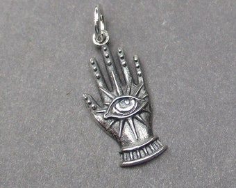 Sterling Silver Seeing Eye in Hand Necklace Charm, Bangle Bracelet Charm, Evil Eye Talisman Charm, Spiritual Protection Necklace Pendant