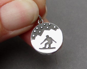 Sterling Silver Snowboarder on The Mountain Necklace Charm, Necklace Pendant, Winter Sport Jewelry, Skier Charm, DIY Jewelry Supplies