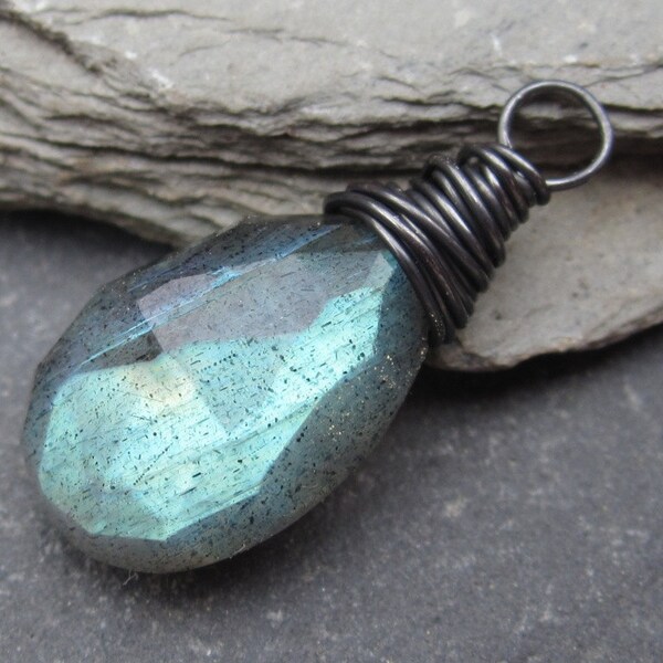 Faceted Labradorite Oxidized Sterling Silver Wire Wrapped Briolette Pendant Dangle