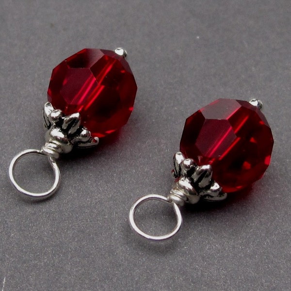 Siam Red Ruby Crystal Birthstone Earring Charms, July Birthstone Jewelry, Sterling Silver Necklace Charm, Bracelet Charm, Gift for Her