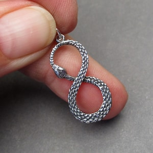 May include: A silver-toned metal pendant shaped like a snake coiled into an infinity symbol. The surface of the snake features a detailed, textured scale pattern throughout its body, with the head positioned at the top left of the loop.