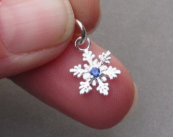 Sterling Silver Snowflake Charm with Sapphire Blue Crystal, Bracelet Charm, Necklace Pendant, September Birthstone Jewelry, Earring Charm