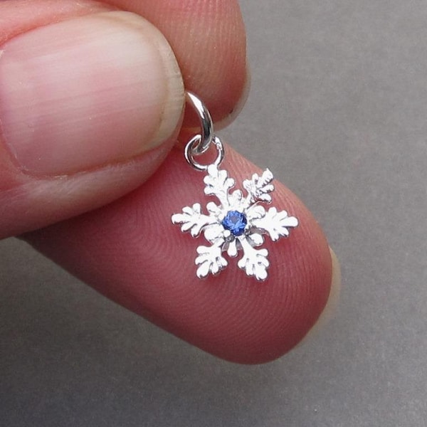 Sterling Silver Snowflake Charm with Sapphire Blue Crystal, Bracelet Charm, Necklace Pendant, September Birthstone Jewelry, Earring Charm