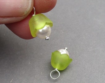 Earring Charms, Green Flower with White Crystal Pearl Charms, Sterling Silver Necklace Charms, Bracelet Charms, Bead Dangles, DIY Jewelry