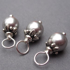 Sterling Silver Pearl Necklace Charms, Silver Grey Gray Crystal Pearl Bead Dangles, Bracelet Earring Charms, Add a Charm, Stitch Markers image 2