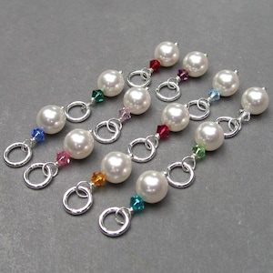 White Pearl and Crystal Birthstone Charms for Necklaces, Bracelets and Interchangeable Hoop Earring Charms, Personalized Gift for Bridesmaid
