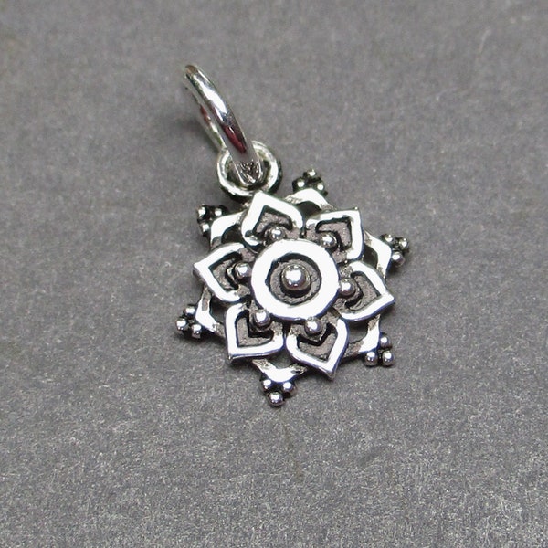 Sterling Silver Lotus Flower Mandala Charm,  Bangle Bracelet Charm, Necklace Pendant, Yoga Necklace Charm, Yoga Jewelry, Gift for Her