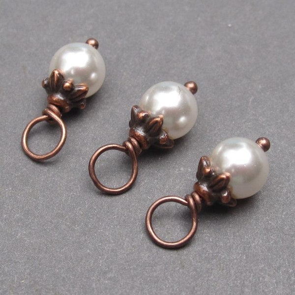 Antiqued Copper Crystal Pearl Charms, Pearl Dangles, Birthstone Charms, Pearl Jewelry, Crystal Bead Charms for Bracelet, Necklace Charms