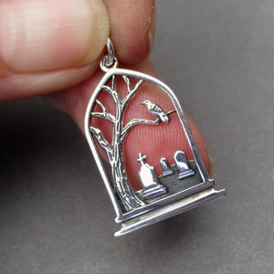 Large Graveyard and Raven Necklace Pendant, Halloween Necklace Pendant, Prophecy Charm, Bird Jewelry, Talisman Necklace Charm