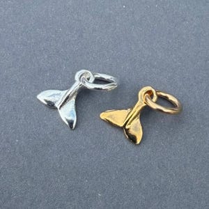 May include: Two small metal charms shaped like whale tails, one in a polished silver tone and the other in a polished gold tone. Each charm features a smooth, curved surface and includes a small circular jump ring attached to the top for hanging.