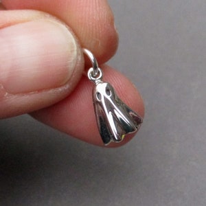 May include: A small, polished silver-toned charm shaped like a ghost with two recessed eye sockets. The charm features a smooth, reflective metallic surface and includes a small circular jump ring attached to the top for hanging purposes.