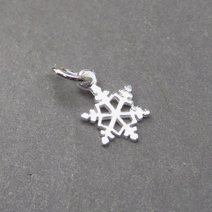 K&ouml;nnte beinhalten: Ein kleiner, gl&auml;nzend silberfarbener Metallanh&auml;nger in Form einer sechsstrahligen Schneeflocke. Der Anh&auml;nger weist ein filigranes, durchbrochenes geometrisches Design mit komplexen Verzweigungen auf und hat einen runden Biegering.