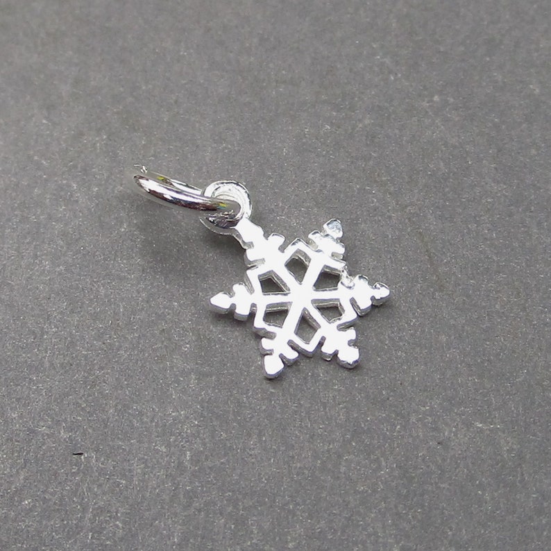 K&ouml;nnte beinhalten: Ein kleiner, gl&auml;nzend silberfarbener Metallanh&auml;nger in Form einer sechsstrahligen Schneeflocke. Der Anh&auml;nger weist ein filigranes, durchbrochenes geometrisches Design mit komplexen Verzweigungen auf und hat einen runden Biegering.