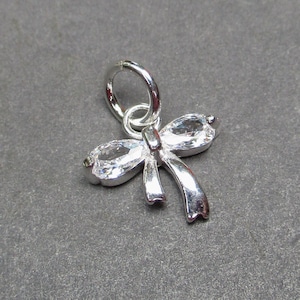 Sterling Silver Bow and Crystal Charm for Necklaces, Bracelets and Interchangeable Hoop Earrings, Gift for Her, Ribbon Necklace Pendant