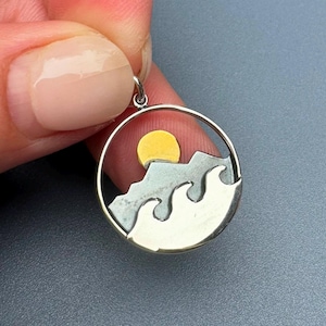 Sterling Silver Sun, Mountain and Waves Necklace Charm, Ocean Necklace Pendant, Gift Under 25, Gift for Beach Ocean Lover