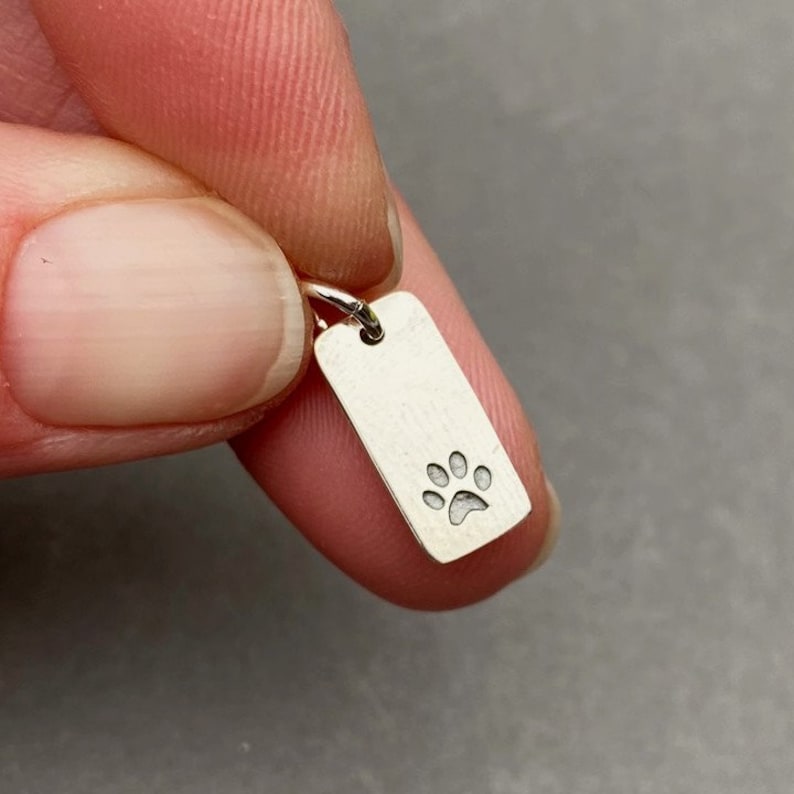 Pode incluir: Um amuleto de prata em forma de ret&acirc;ngulo com uma pegada gravada nele. O amuleto est&aacute; preso a um anel de salto de prata.