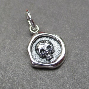 Sterling Silver Wax Seal Style Skull Necklace Charm, Bracelet Charm, Halloween Pendant, Skull Jewelry, Day of The Dead Charm, Talisman Charm